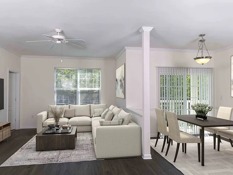Open concept living space and dining area