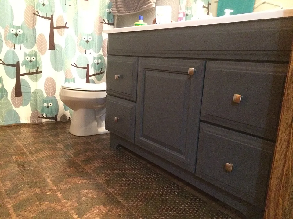 Master bath with penny floor
