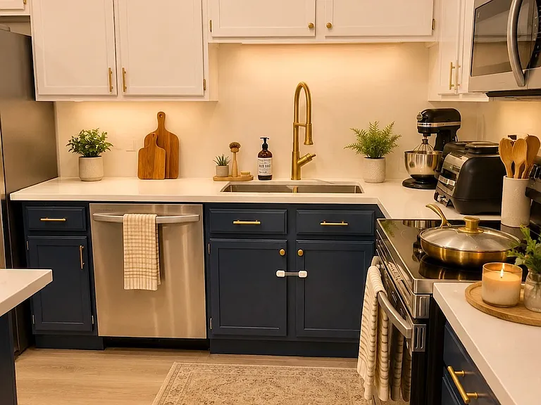 Galley kitchen with rose colored fixtures and stainless steel appliances