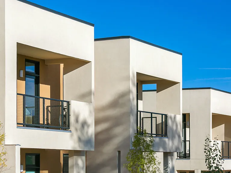 Homes feature private patios or balconies