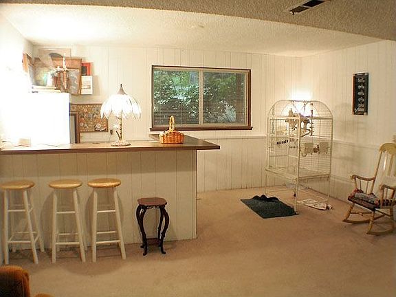 Big rec room has a fireplace with woodstove