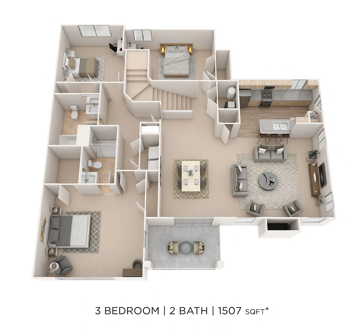 Floor plan Three Bedroom 2 Bath- 1507 sqft