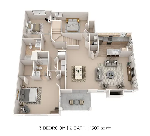 Floor plan Three Bedroom 2 Bath- 1507 sqft