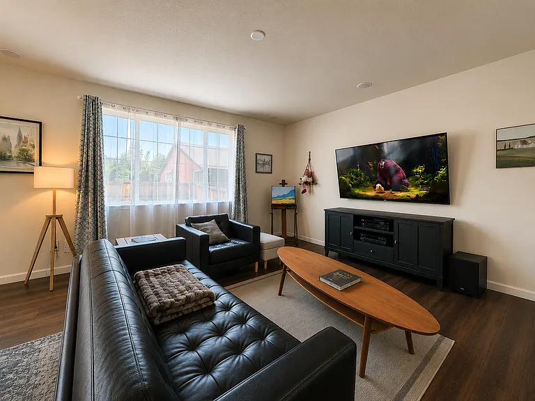 Furnished shared living room with comfortable seating, natural light, 70-inch TV and five-speaker surround sound. Digitally enhanced for presentation.