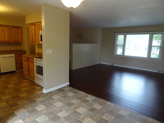 Kitchen on left, living room on right