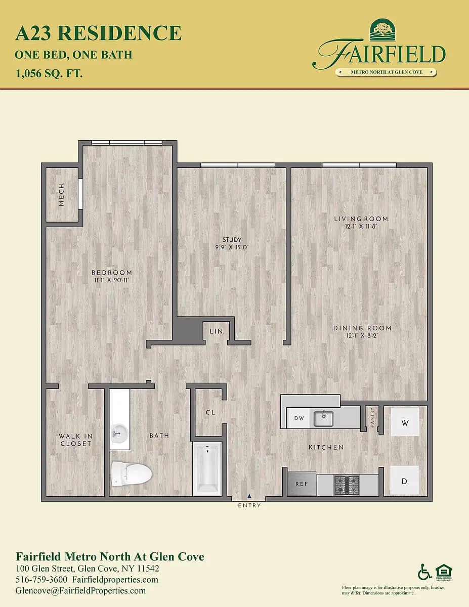 Floor plan A23 North FR 1Bedroom|1Bath/Den