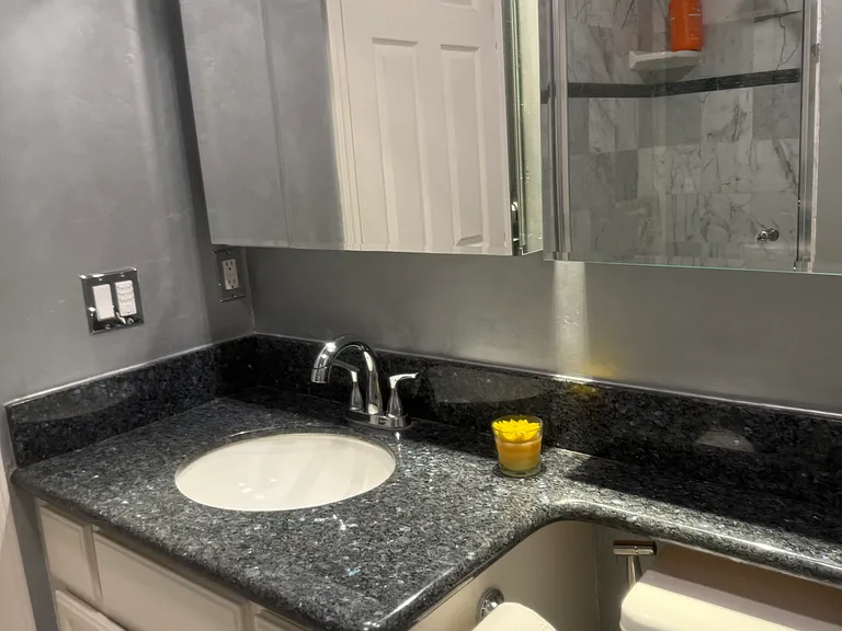 Downstairs bathroom with high end clear glass door is opposite downstairs bedroom.