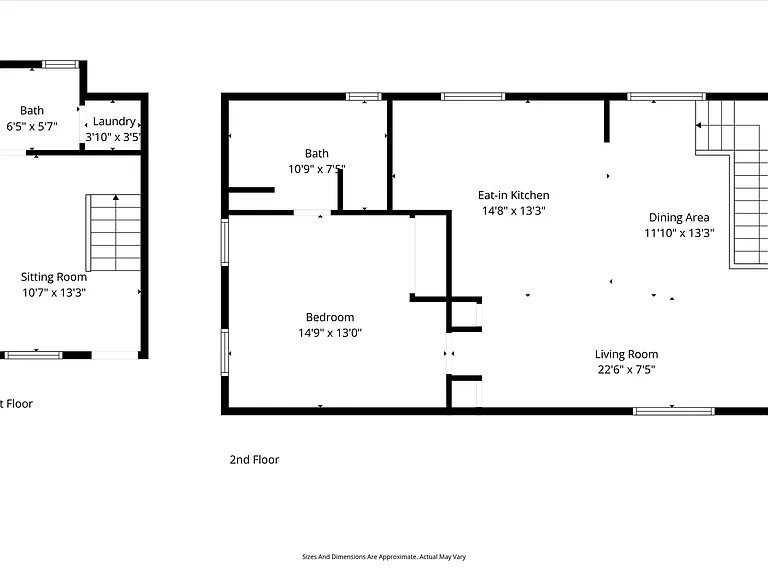 Two-level floor plan showing open living area and private bedroom.