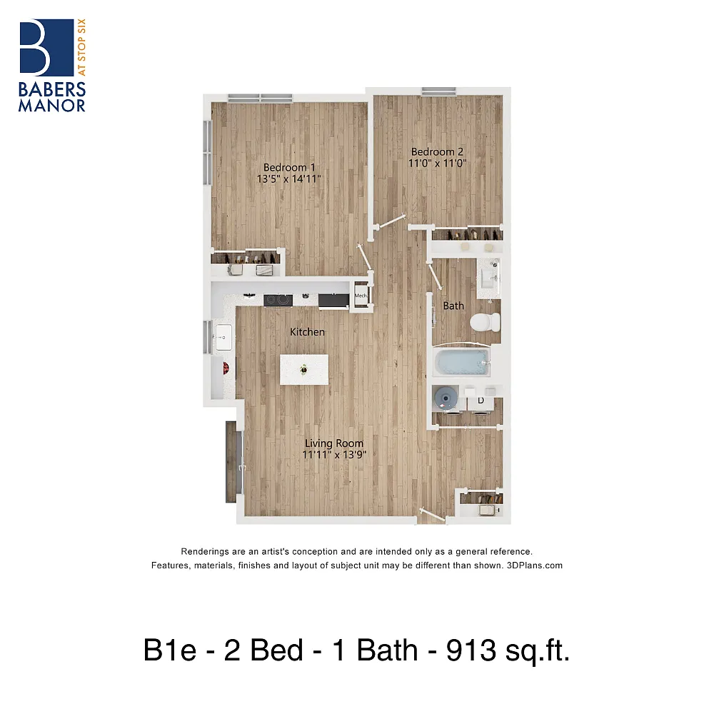 Floor plan B1e | 2 Bed | 1 Bath | 30