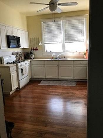 Kitchen. There is room for a table for 4 in the bottom left-hand corner. Cat does not come with the house.