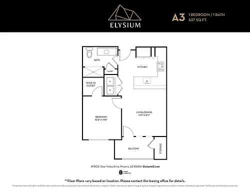 Floor plan A3 - 1 Bedroom / 1 Bath