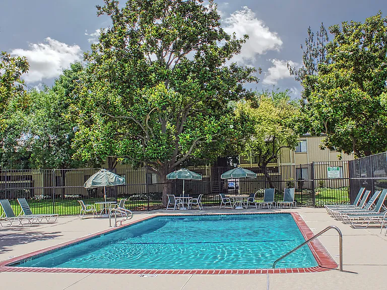 Refreshing pool surrounded by lush greenery.