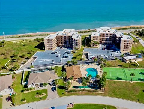 Overhead view of rear of complex