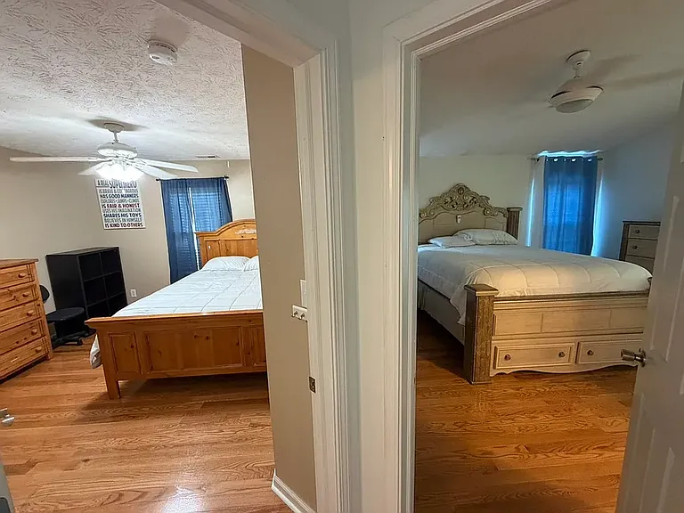 View from outside bedroom (left) next to the primary suite and the primary suite (right)