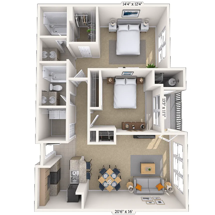 Floor plan Traditional 2x2 1072 SF