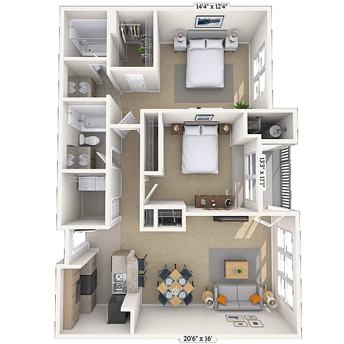 Floor plan Traditional 2x2 1072 SF