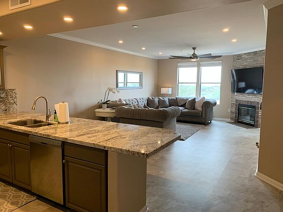 Kitchen island and living room area.