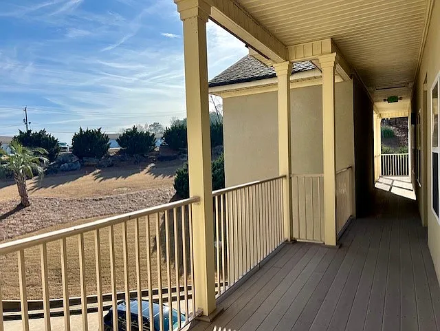 Covered walkway to elevator or stairs.