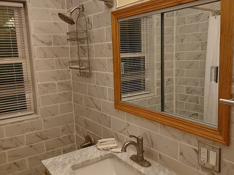 Bathroom - marble/solid wood vanity and custom medicine cabinet