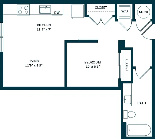 Sleek one-bedroom apartment layout with efficient space utilization. Sleek one-bedroom apartment layout with efficient space utilization.