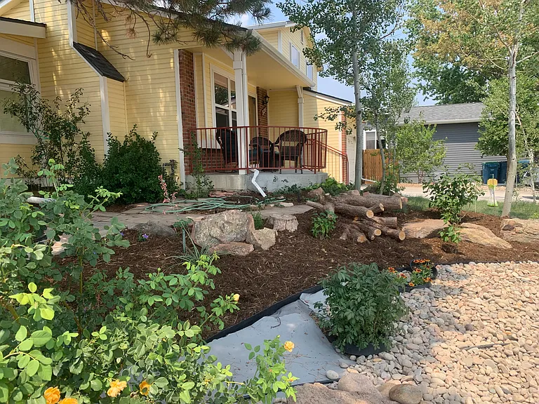Front of house with porch and newly xeriscaped yard