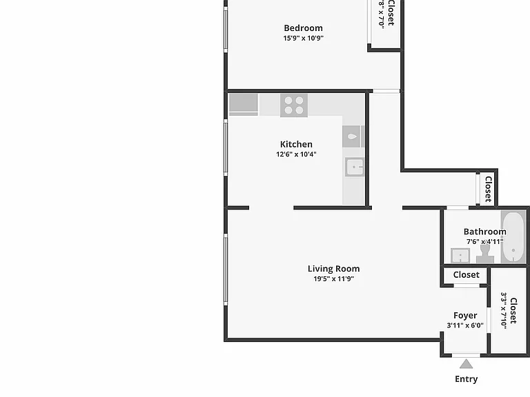 Modern 2D floor plan featuring a spacious 1-bedroom layout with an open kitchen, ample living room, and elegant bathroom.