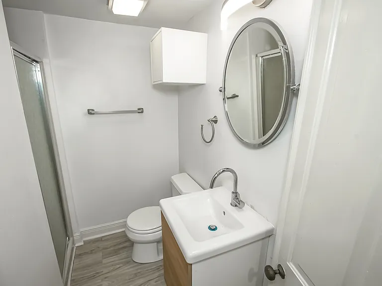 Downstairs bathroom with standing shower stall.