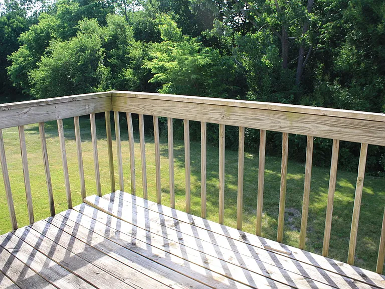 looking out the back deck, into the the backyard. The neighborhood park is just on the other side of those trees!