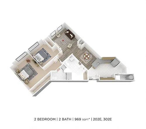 Floor plan Two Bedroom 2 Bath-969 sqft