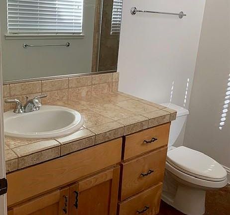 bathroom sink and toilet; shower is to the right