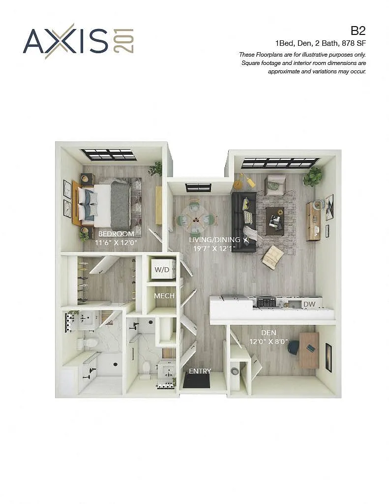 Floor plan 1 Bed 2 Bath with Den