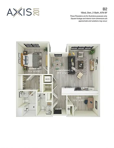 Floor plan 1 Bed 2 Bath with Den