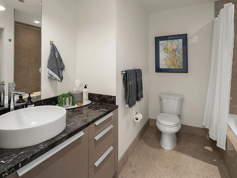 Repainted bathroom in excellent condition with brand new toilet, new upgraded lighting and new paint.