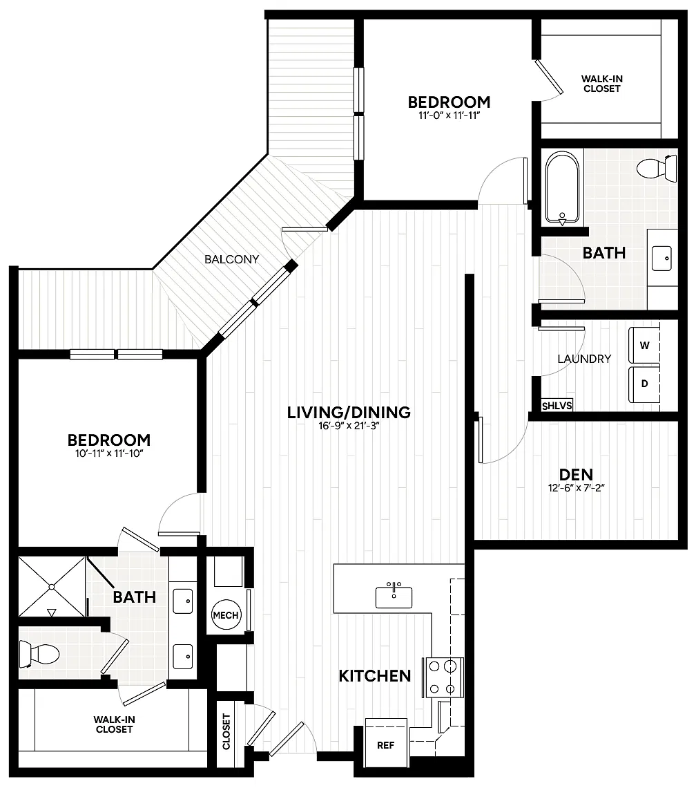 Floor plan 2 Bed/2 Bath Den-B13-A