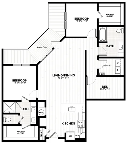 Floor plan 2 Bed/2 Bath Den-B13-A