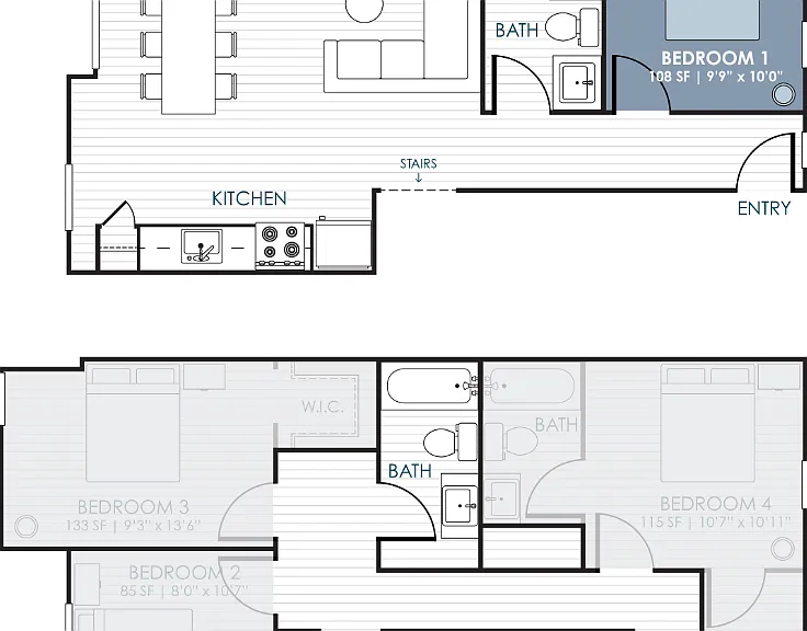 4-Bedroom CoLiving Rowhome: Bedroom 1 & Shared Bathroom Floorplan Diagram