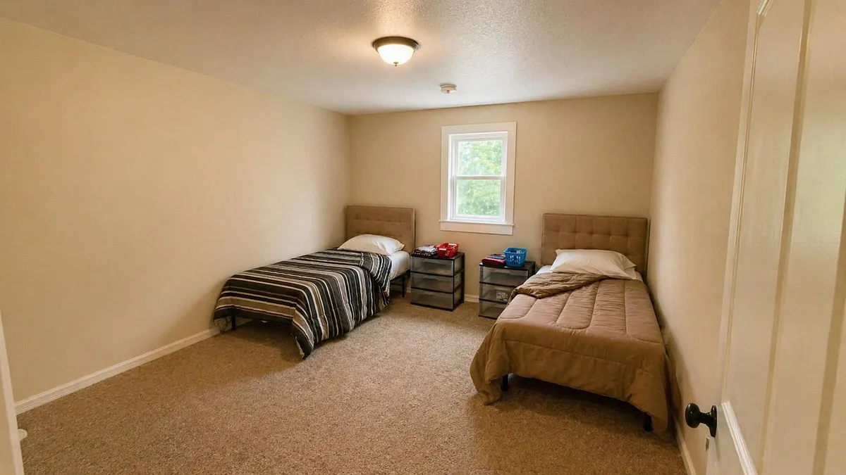 Carpeted bedroom with two twin beds, matching headboards, bedside storage, and a window for natural light. - Oak Grove Church Rd