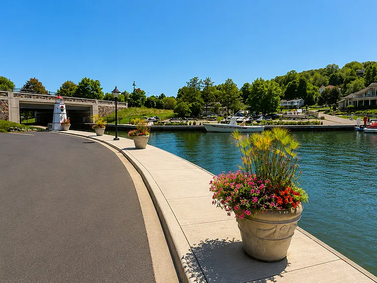 Beautiful Lake Geneva shore path 5 minute walk from the condo just past Abbey Harbor marina .