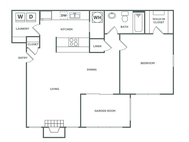 Floor plan One Bedroom One Bath (840 SF)