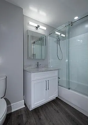 Bath: Glamour Lighted Mirror, Handheld Rain Showerhead, Tile Bath, Base Molding, Vinly Plank Floor