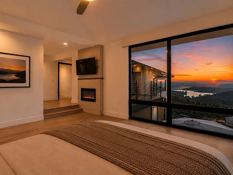 The primary bedroom suite includes an attached bathroom, TV, electronic fireplace and balcony. All blinds in this suite are electronic powered through either wall controls or remote control operation.
