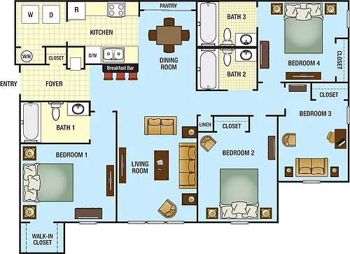 Floor plan Four Bedroom Three Bath 60%