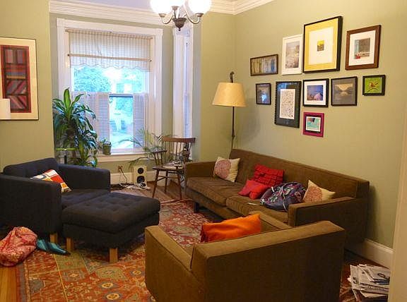 Living room with bay window.