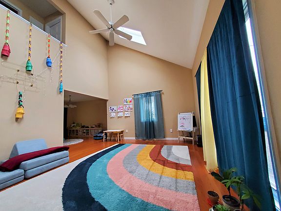 Extensive living room with cathedral ceilings, skylights and large windows