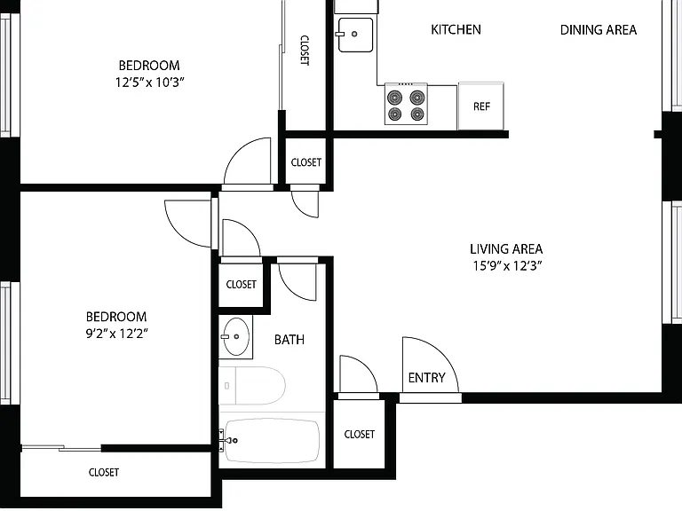 Chic floor plan showcasing 2 cozy bedrooms, modern kitchen with dining area, and inviting living space.