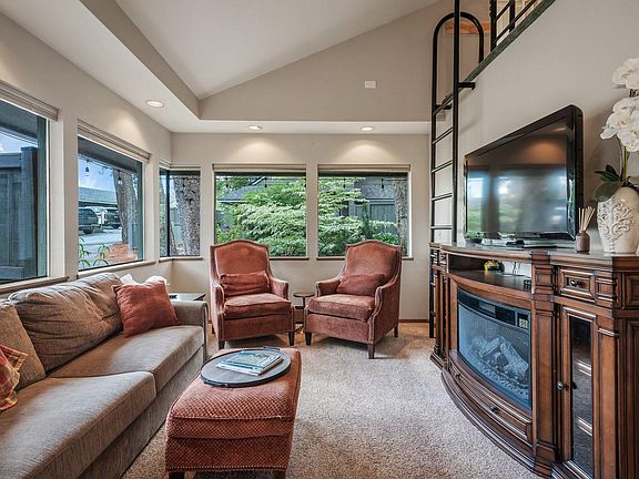 Living room with electric fireplace and sofa sleeper for extra guests. Vaulted ceilings and a wall of windows let in the natural light.