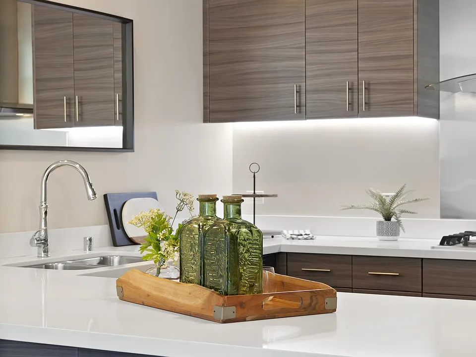 Quartz kitchen counter tops with bar-stool