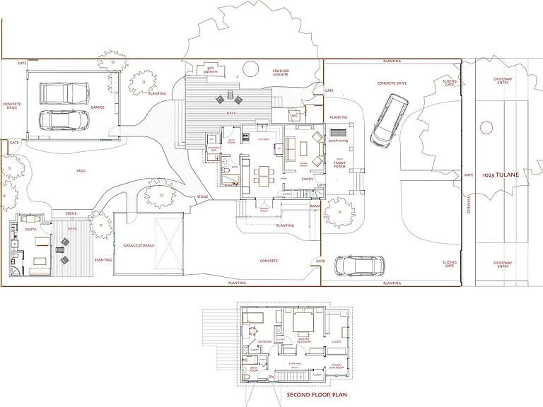 1023 Tulane St. Site Plan showing both plans of the house, the Casita at the rear, and both garages, as well as hardscapes and garden areas.