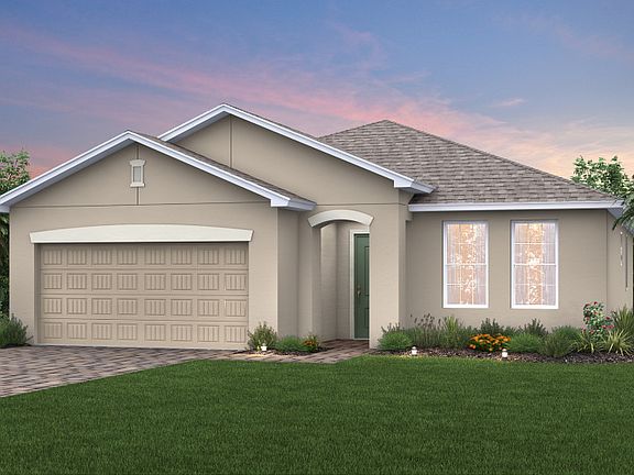 The Canopy, a single-story home with a 2 car garage, shown as Home Exterior FM2B
