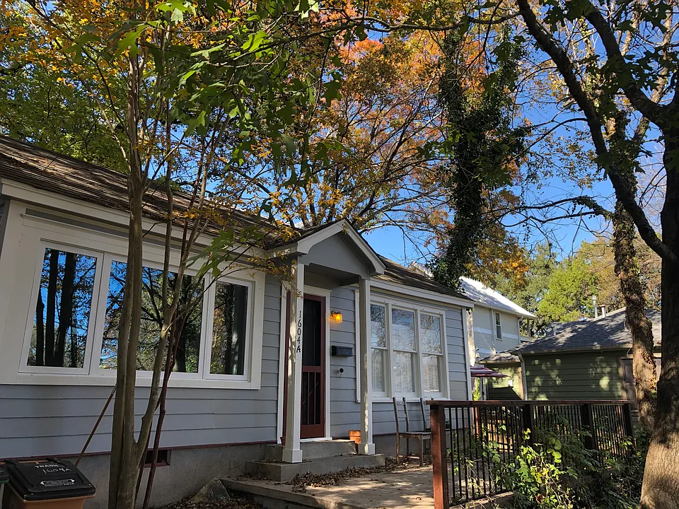 Front door and front porch of side A.